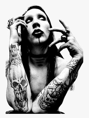 Marilyn Manson Black and White Portrait with Skull Tattoo and Gothic Makeup HD phone wallpaper