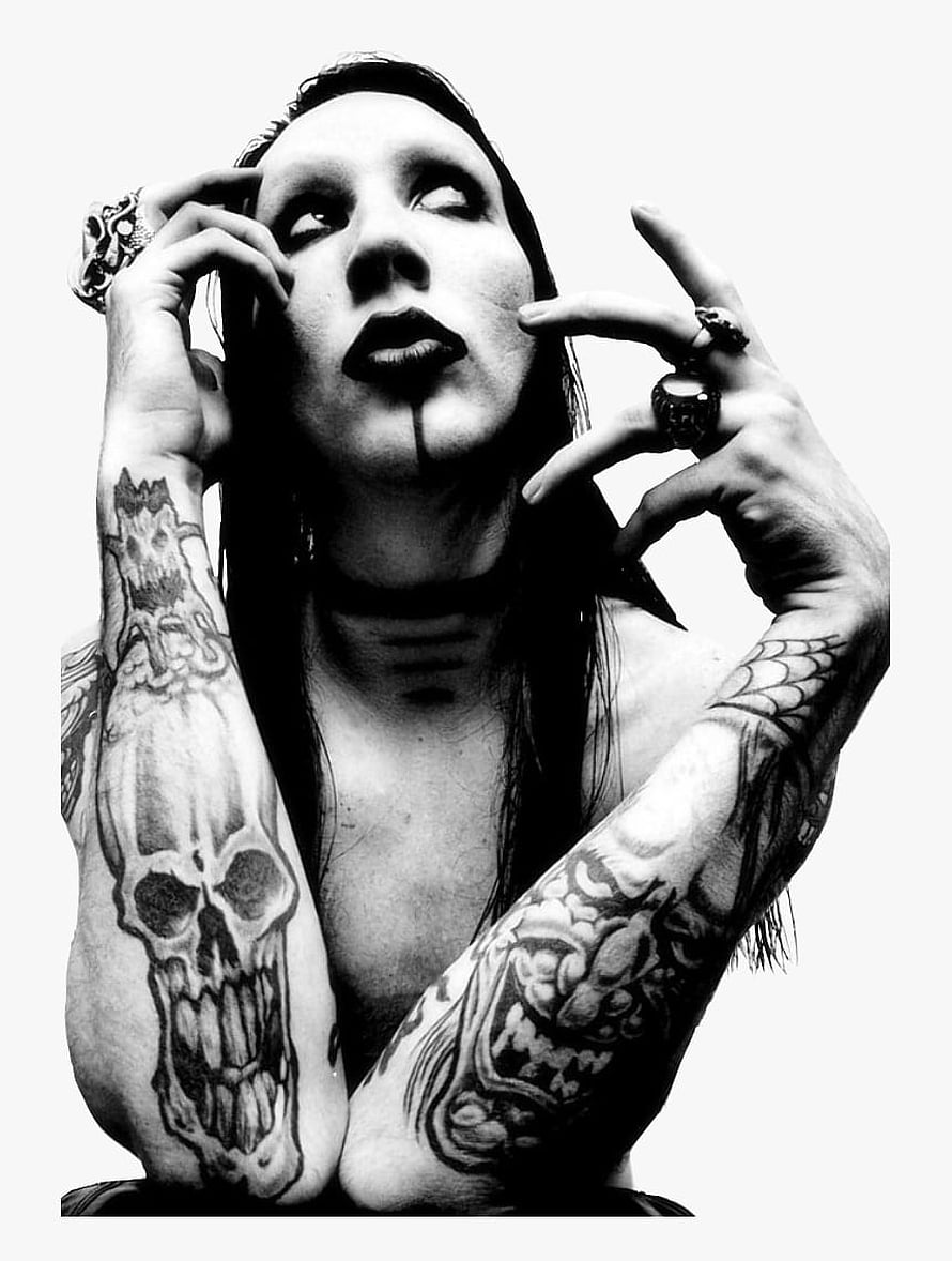 Marilyn Manson Black and White Portrait with Skull Tattoo and Gothic Makeup HD phone wallpaper