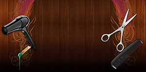 Professional Hair Salon Tools on Dark Wood Background with Scissors Comb and Dryer HD wallpaper