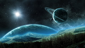 Alien Landscape with Ringed Planet and Distant Star in Deep Space HD wallpaper