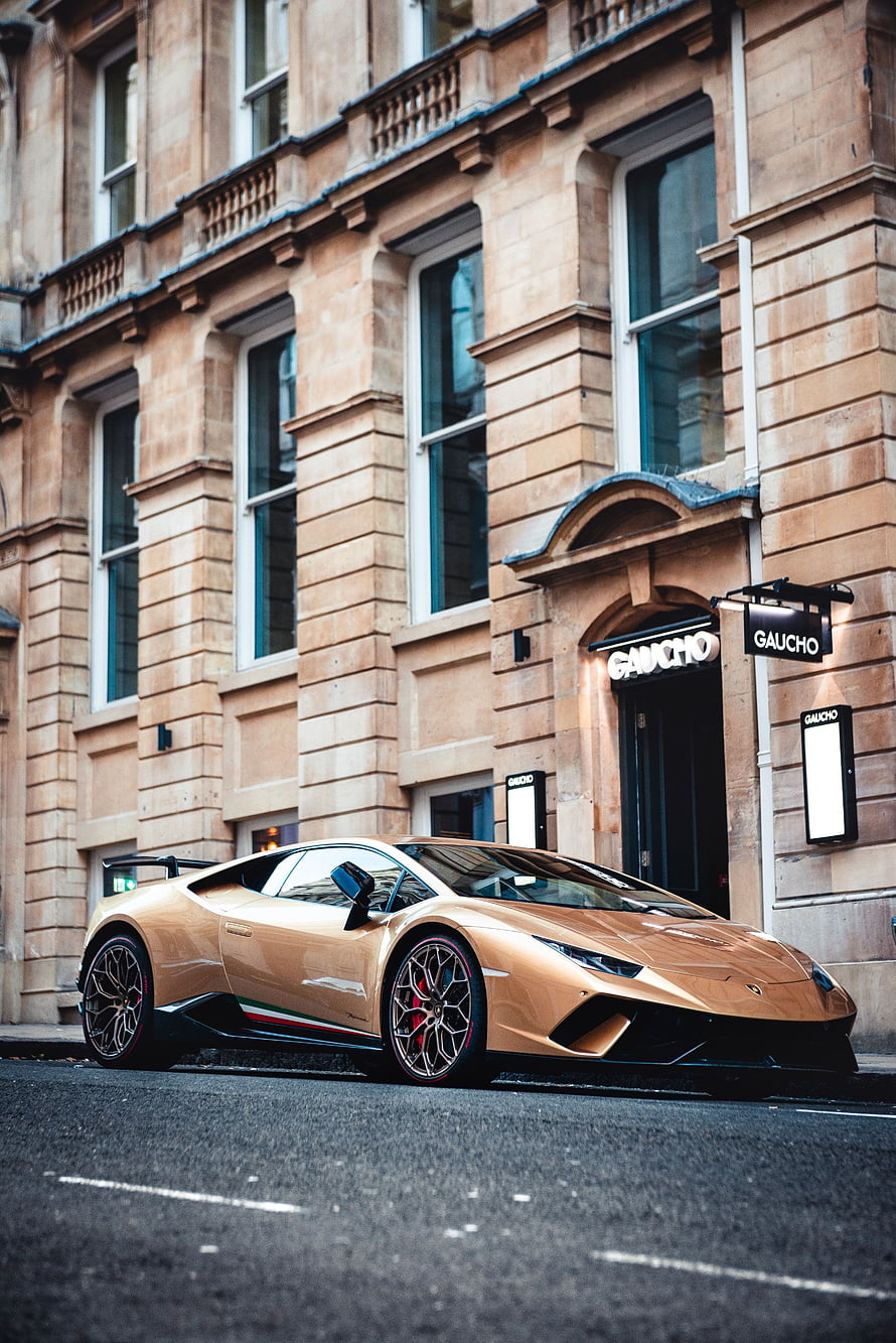 Gold Lamborghini Huracan Performante with Italian Stripes Parked on City Street, Sports, Lamborghini, Cars, Sports Car, Side View, Lamborghini Huracan, Lamborghini Huracan Performante HD phone wallpaper