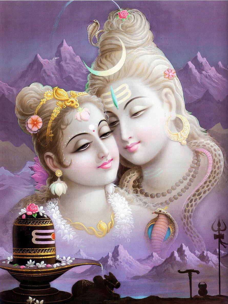 Lord Shiva and Parvati Devotional Artwork with Mount Kailash and Sacred Symbols HD phone wallpaper