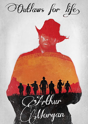 Arthur Morgan Double Exposure Poster with Gang Silhouettes and Sunset Sky HD phone wallpaper