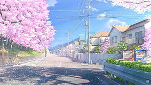 Anime Style Japanese Street Scene With Pink Cherry Blossoms And Spring Atmosphere HD wallpaper