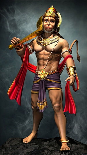 Hanuman Digital Art: Majestic Warrior God in Golden Crown and Red Drape, Hanuman, Bajrangbali, Kesari Nandan HD phone wallpaper