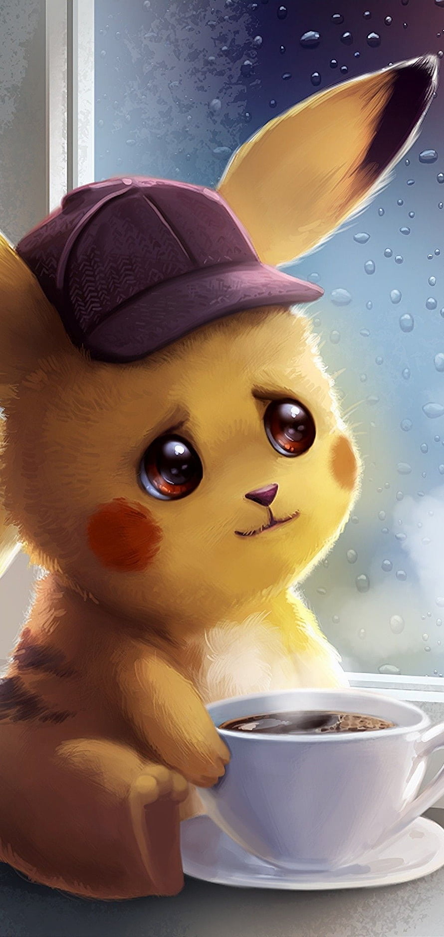 Cute Pikachu wearing a purple cap drinking coffee by a rainy window HD phone wallpaper