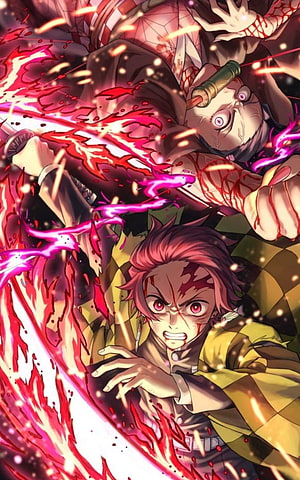 Tanjiro Kamado and Upper Moon Demon in Intense Demon Slayer Battle Scene HD phone wallpaper