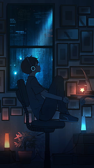 Anime Boy Wearing Headphones Sitting in a Dark Room at Night HD phone wallpaper