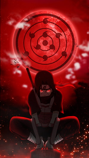 Itachi Uchiha with Mangekyou Sharingan and Red Moon Anime Wallpaper, Itachi Tsukuyomi, naruto, red, sasuke, uchiha, akatsuki, madara, animenaruto, anime HD phone wallpaper