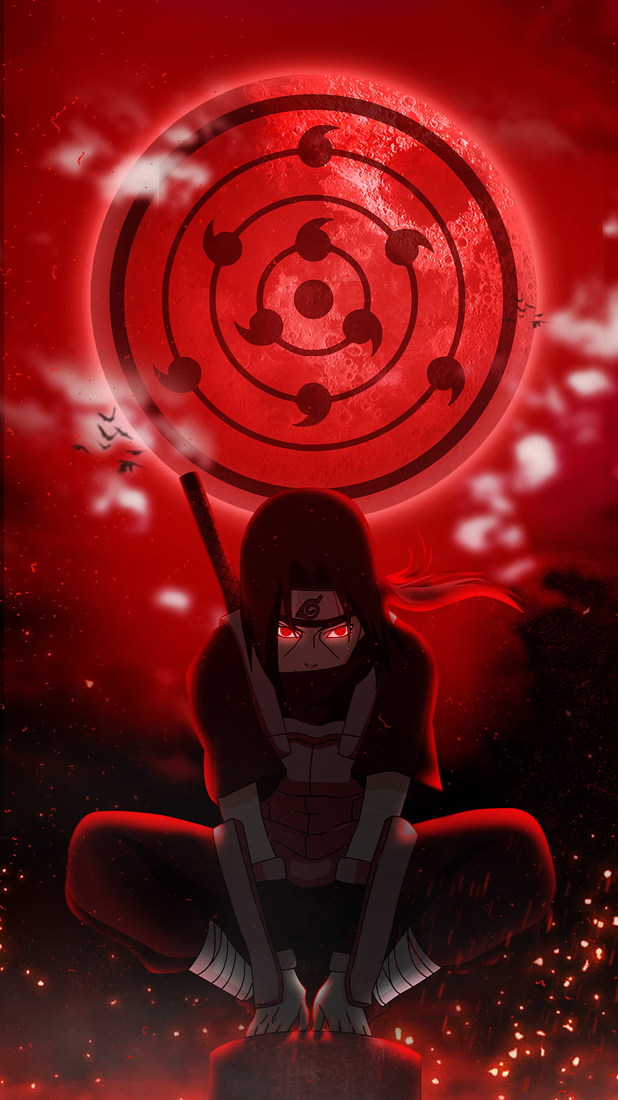 Itachi Uchiha with Mangekyou Sharingan and Red Moon Anime Wallpaper, Itachi Tsukuyomi, naruto, red, sasuke, uchiha, akatsuki, madara, animenaruto, anime HD phone wallpaper