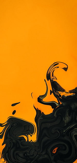Abstract black ink swirls on a vibrant orange background HD phone wallpaper