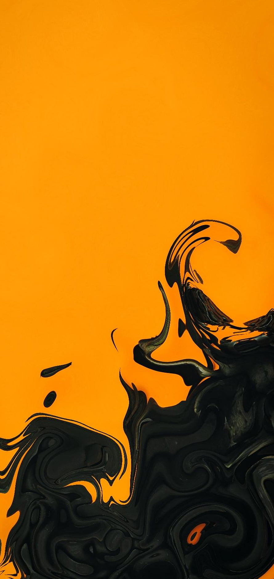 Abstract black ink swirls on a vibrant orange background HD phone wallpaper