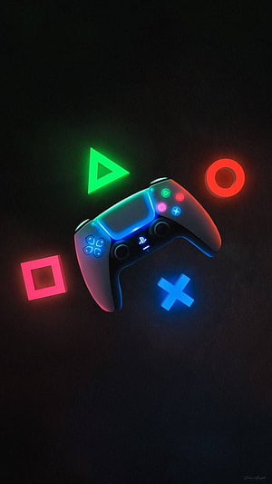 PlayStation 4 DualShock Controller with Glowing Neon Symbols on Dark Background HD phone wallpaper