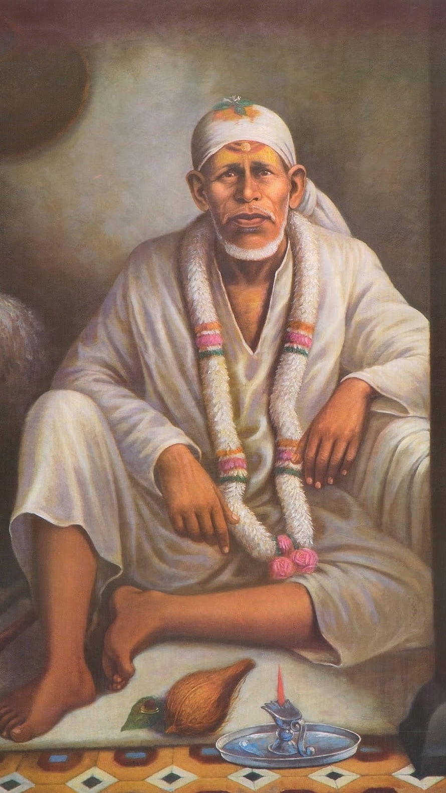 Portrait of Sai Baba of Shirdi Sitting with Coconut and Oil Lamp HD phone wallpaper