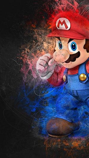 Mario in Blue Overalls and Red Hat with Dynamic Colorful Splash Art Background HD phone wallpaper