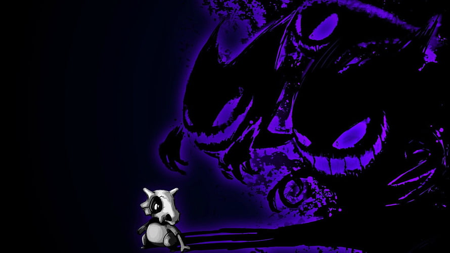Gengar and Hunter Pokémon in Dark Purple Ink Artwork HD wallpaper