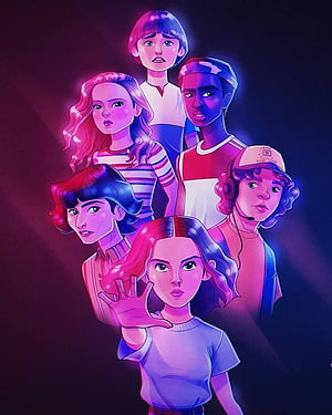 Stranger Things Character Group Illustration in Neon Pink and Purple Hues HD phone wallpaper
