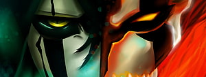 Bleach Dual Monitor Wallpaper Featuring Aizen and Ichigo in Dramatic Confrontation HD wallpaper