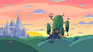 Adventure Time Treehouse Landscape with Crystal Mountains and Pastel Sky HD wallpaper