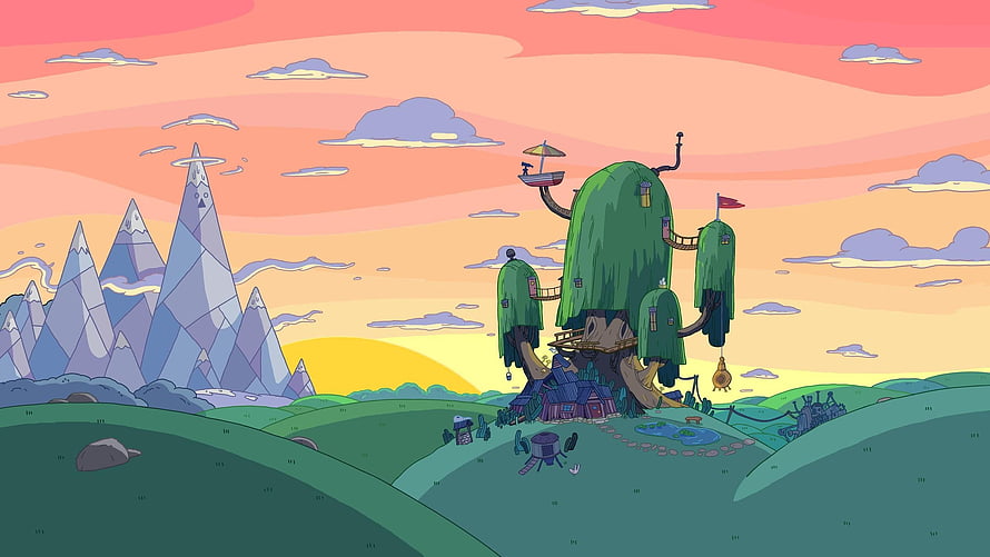 Adventure Time Treehouse Landscape with Crystal Mountains and Pastel Sky HD wallpaper