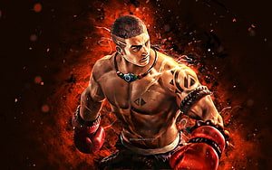 Mike Tyson from Iron Fist in a dynamic boxing pose with red gloves and fiery background HD wallpaper