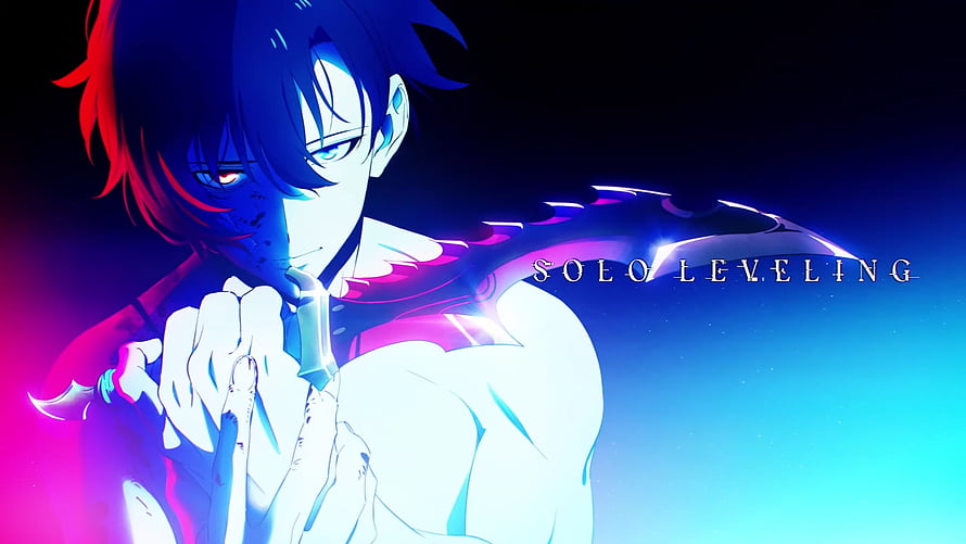 Sung Jin-Woo from Solo Leveling in a dramatic neon-lit anime scene with glowing blue and pink accents HD wallpaper