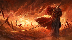 Malenia Blade of Miquella Standing in a Burning Battlefield with Spears HD wallpaper