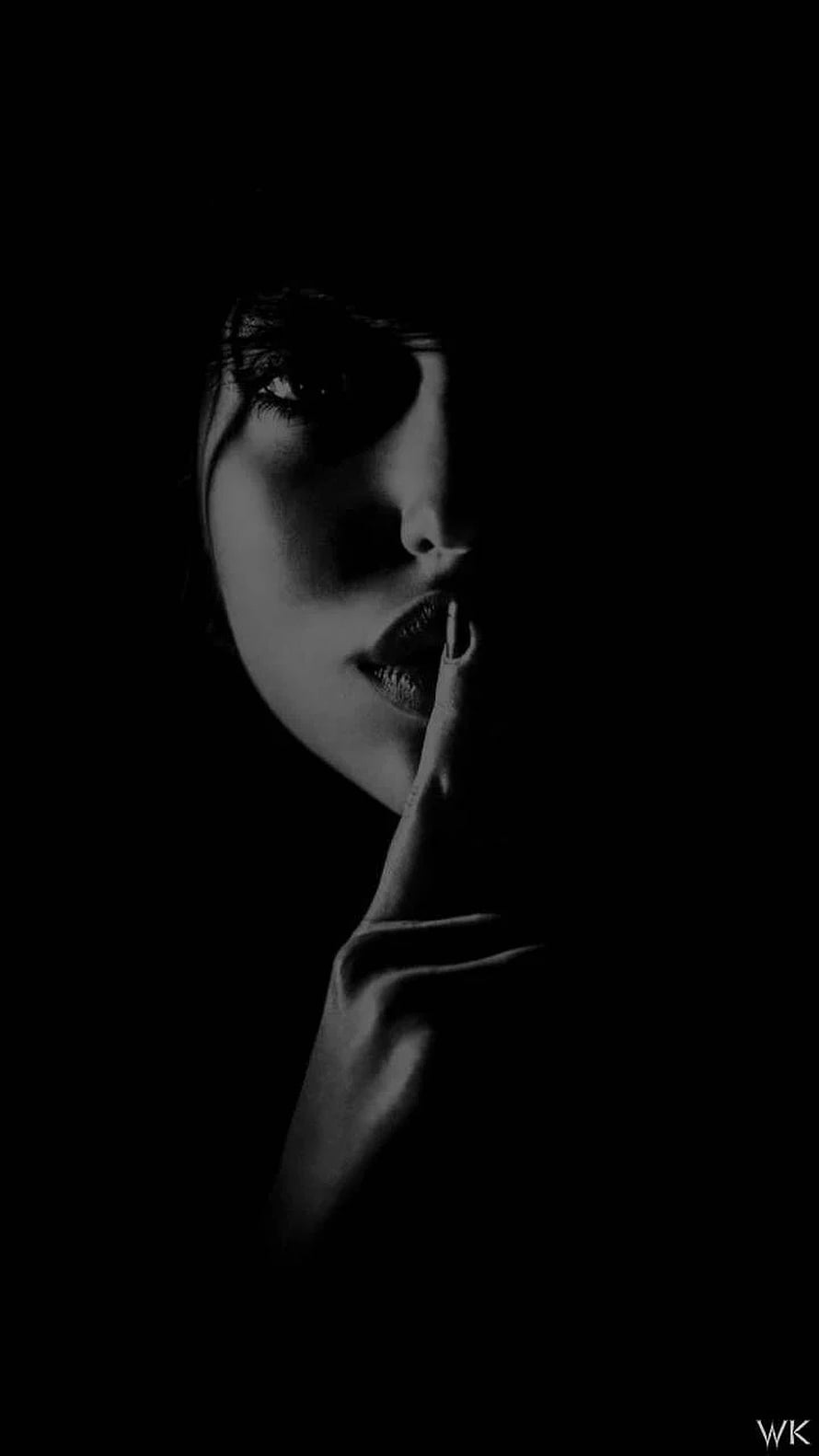 Monochrome Portrait of a Woman Making a Shushing Gesture in Dramatic Shadow, Dark, Dark Girl HD phone wallpaper