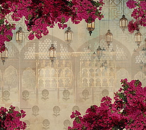 Magical Moroccan Palace with Hanging Lanterns and Vibrant Pink Bougainvillea Flowers HD wallpaper