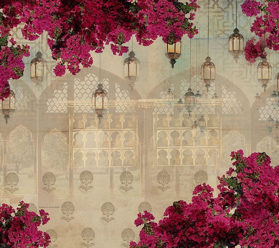 Magical Moroccan Palace with Hanging Lanterns and Vibrant Pink Bougainvillea Flowers HD wallpaper