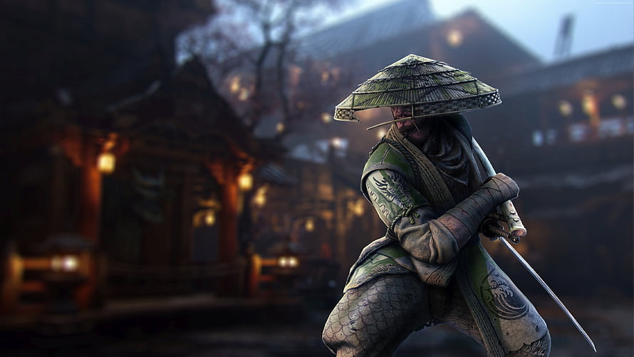 Ghost of Tsushima Jin Sakai Samurai Warrior in Green Armor with Straw Hat HD wallpaper