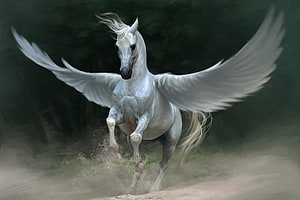 Majestic White Pegasus Galloping Through Dusty Forest with Spread Wings HD wallpaper