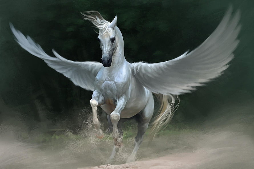 Majestic White Pegasus Galloping Through Dusty Forest with Spread Wings HD wallpaper