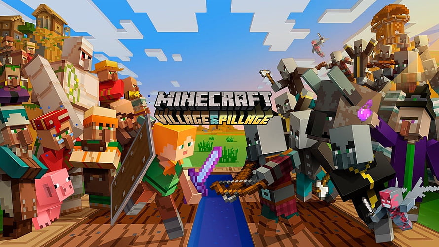 Minecraft Village and Pillage Update Key Art Featuring Villagers and Pillagers HD wallpaper
