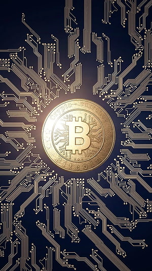 Bitcoin Coin on Circuit Board Background with Golden Traces and Dark Blue Tech Theme HD phone wallpaper