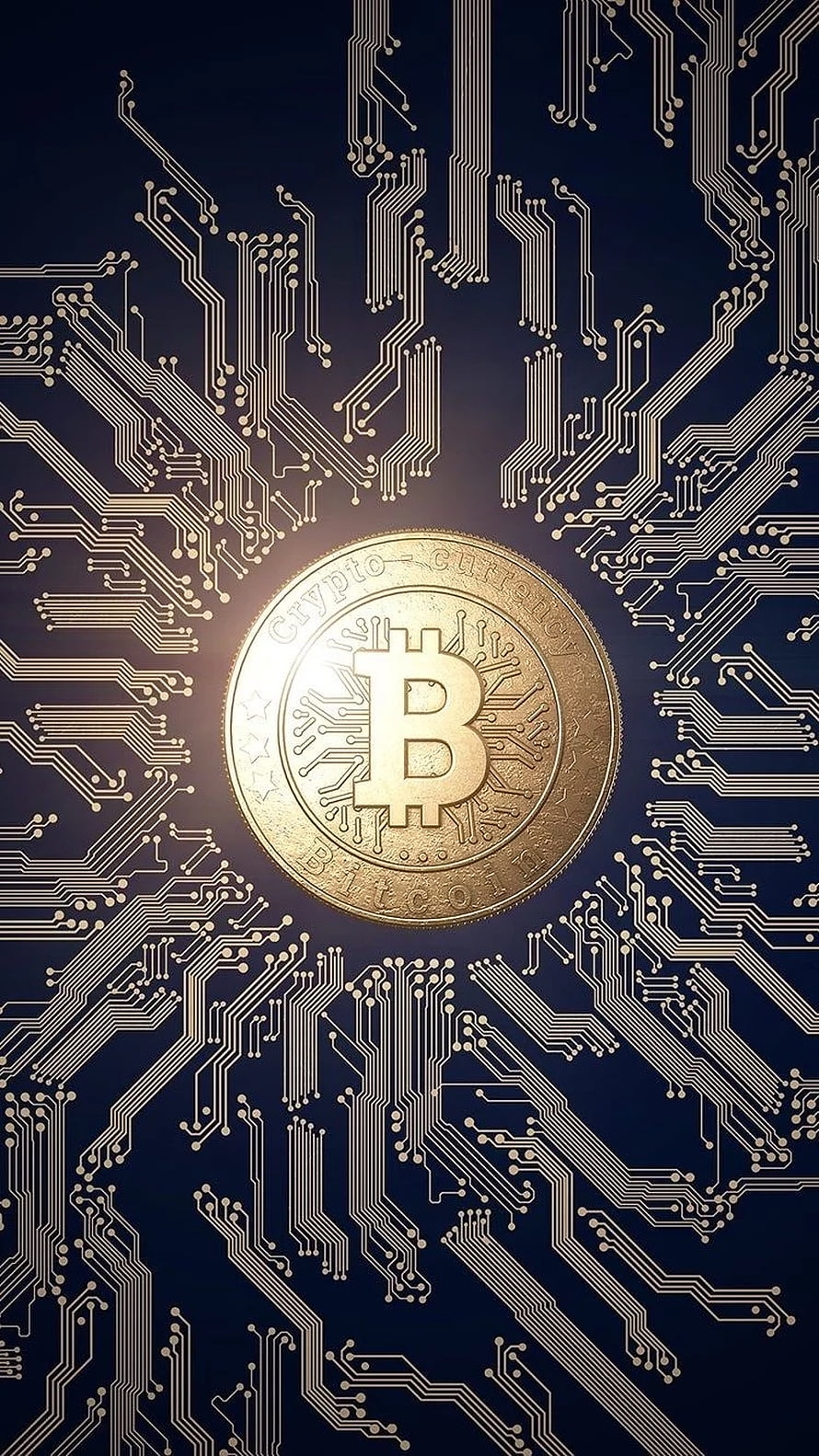 Bitcoin Coin on Circuit Board Background with Golden Traces and Dark Blue Tech Theme HD phone wallpaper