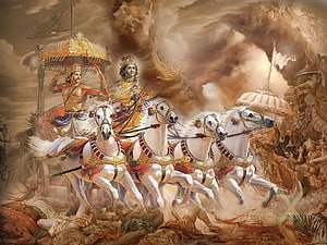 Arjuna and Krishna in the Kurukshetra War Chariot from the Mahabharata HD wallpaper