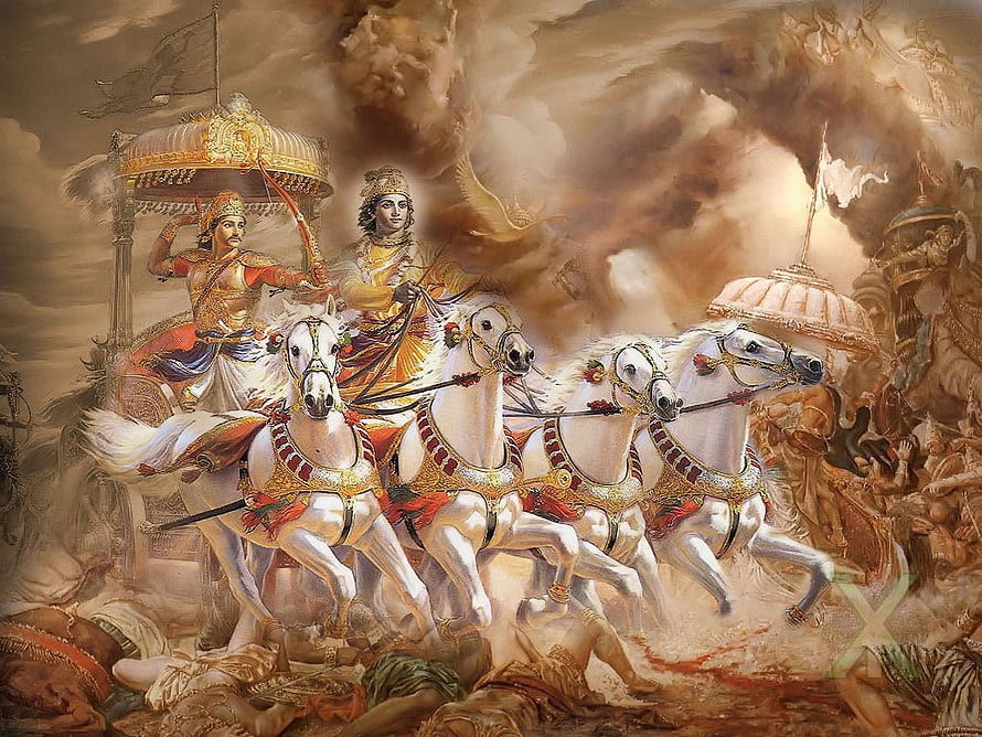 Arjuna and Krishna in the Kurukshetra War Chariot from the Mahabharata HD wallpaper