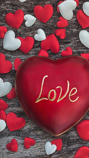 Red Heart Box With Gold Love Text Surrounded By Fabric Hearts On Wood HD phone wallpaper