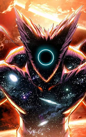 Cosmic Garou Anime Character with Glowing Third Eye and Starry Void Body HD phone wallpaper