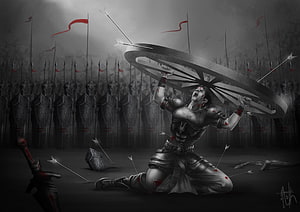Desperate Warrior Kneeling with Shield Against Arrow Barrage HD wallpaper