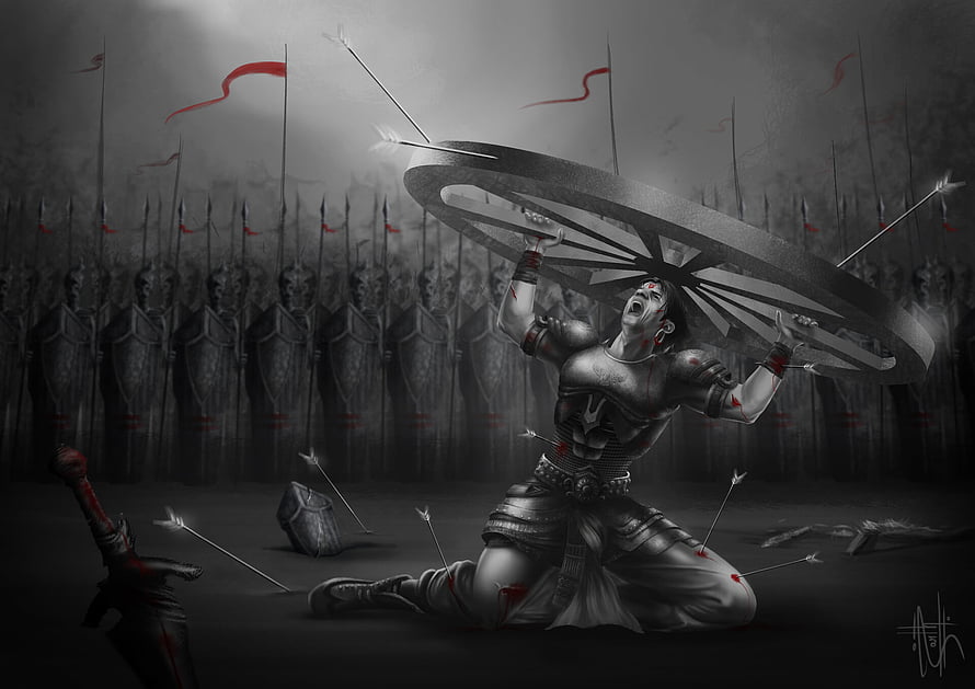 Desperate Warrior Kneeling with Shield Against Arrow Barrage HD wallpaper
