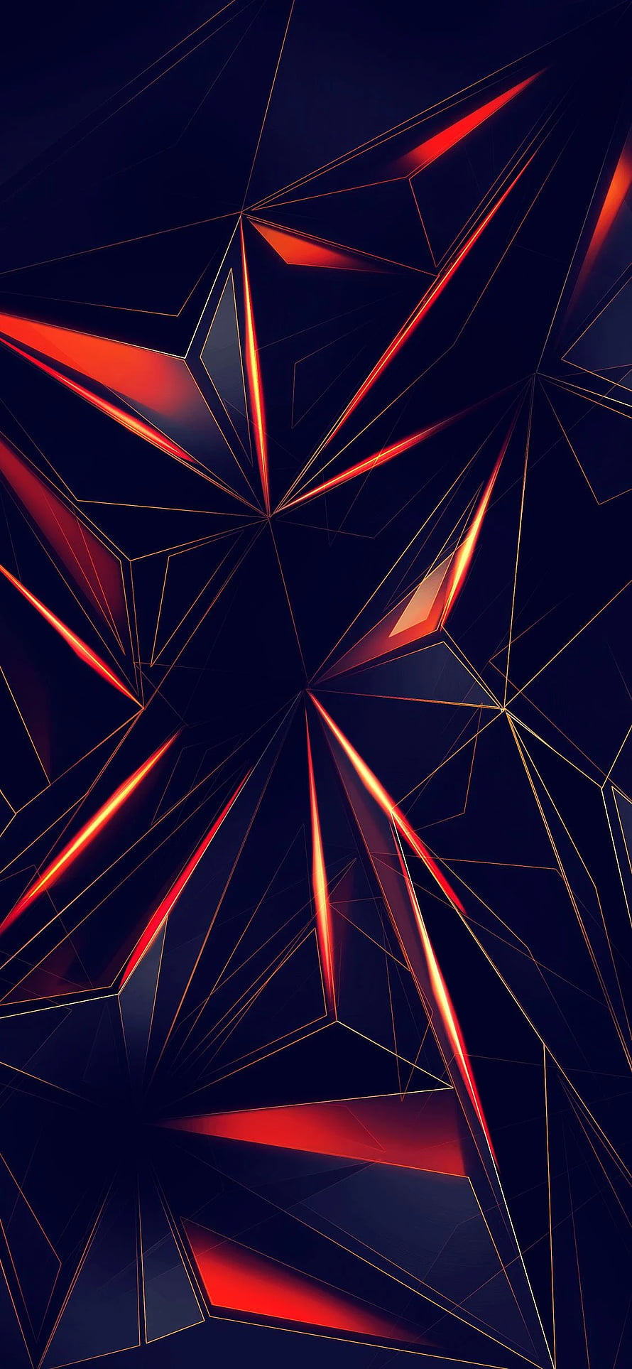 Abstract Geometric Low Poly Design with Glowing Red and Orange Triangles on Dark Navy Background HD phone wallpaper