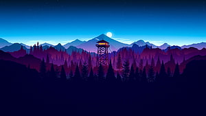 Stylized Nighttime Forest Landscape with Fire Watch Tower and Moonlit Mountains HD wallpaper