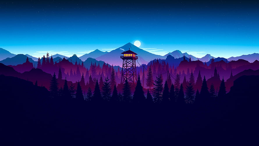 Stylized Nighttime Forest Landscape with Fire Watch Tower and Moonlit Mountains HD wallpaper