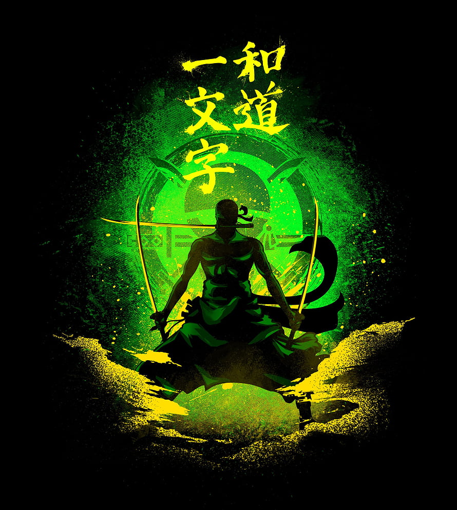 Silhouette of a Dual-Wielding Samurai Warrior in Green and Yellow Ink Style HD phone wallpaper