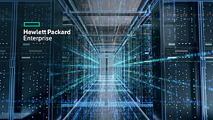 Hewlett Packard Enterprise Server Room with Digital Data Streams and Blue Holographic Overlay HD wallpaper