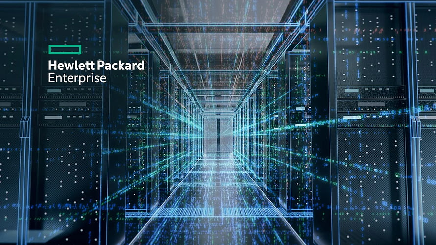 Hewlett Packard Enterprise Server Room with Digital Data Streams and Blue Holographic Overlay HD wallpaper