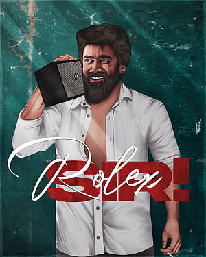 Surya Digital Art Portrait in White Shirt Holding Speaker with Rolex Text Overlay HD phone wallpaper