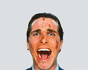 Patrick Bateman from American Psycho with blood-splattered face and wide open mouth, American Psycho Patrick Bateman Background HD wallpaper